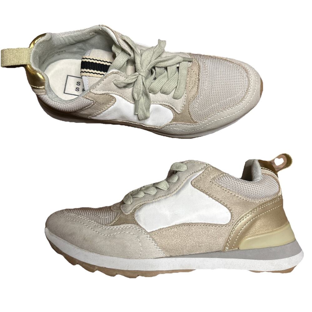 Shu Shop Sneakers 8 Romi Women’s Taupe Suede Gold Low Top